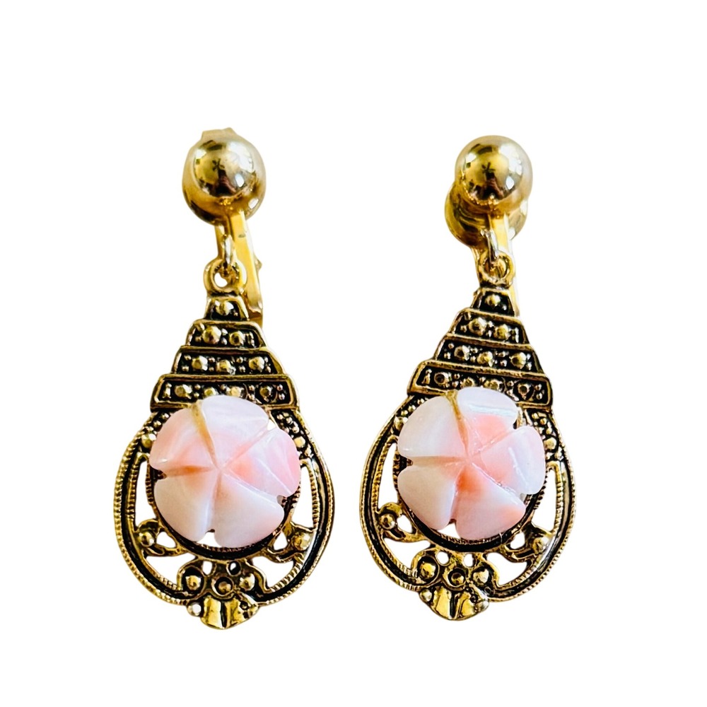 VTG Genuine Angel Skin Coral Carved Earrings Gold Plated Natural Clip dangle